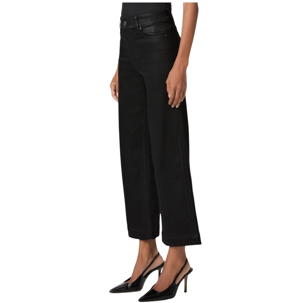 Paige Anessa Black Fog Luxe Coated High Rise Wide Leg Cropped Jeans Size 28
